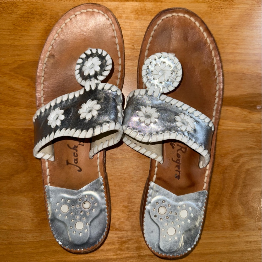 Jack Rogers Silver and White Floral Sandals